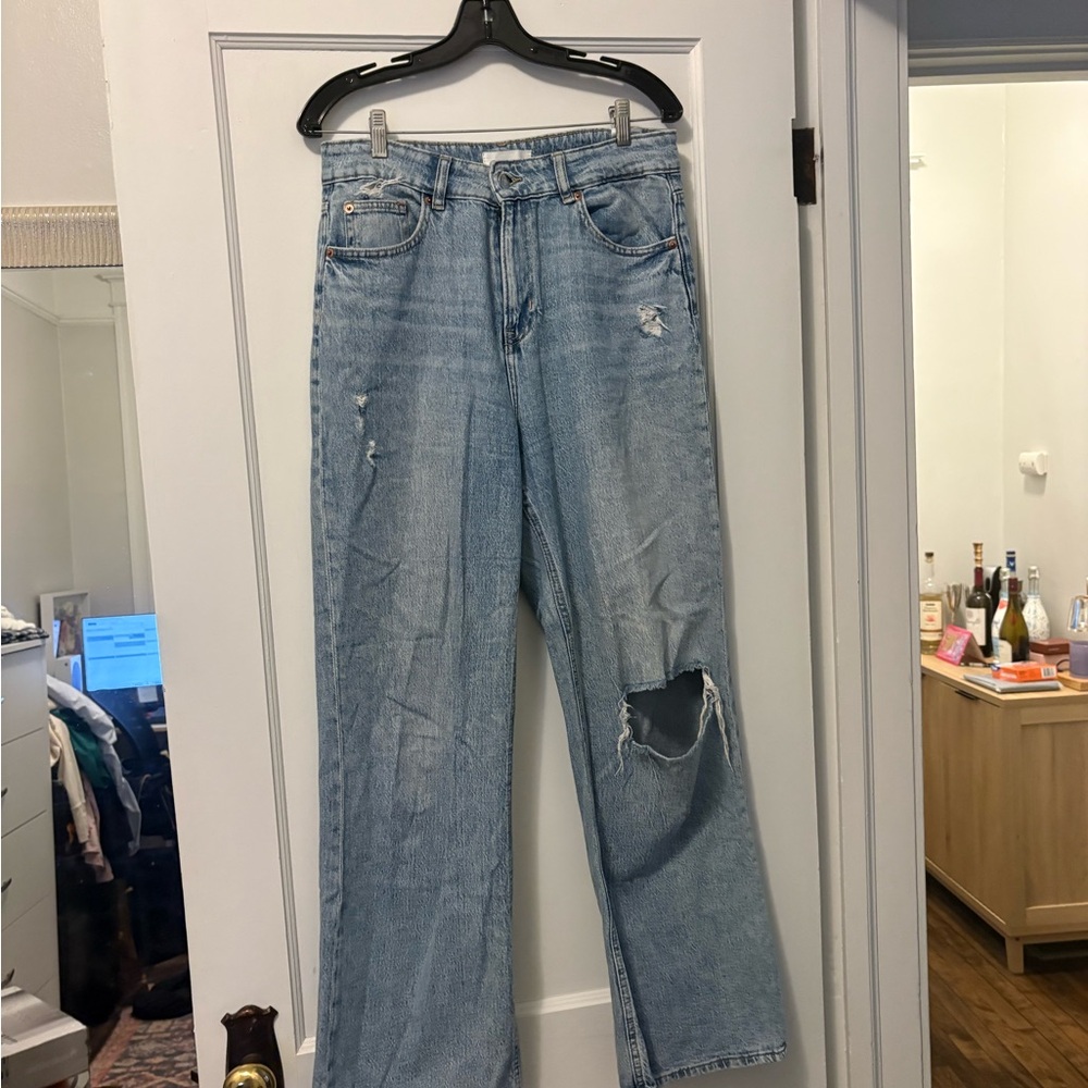 H&M Light Blue Distressed Wide-Leg Jeans